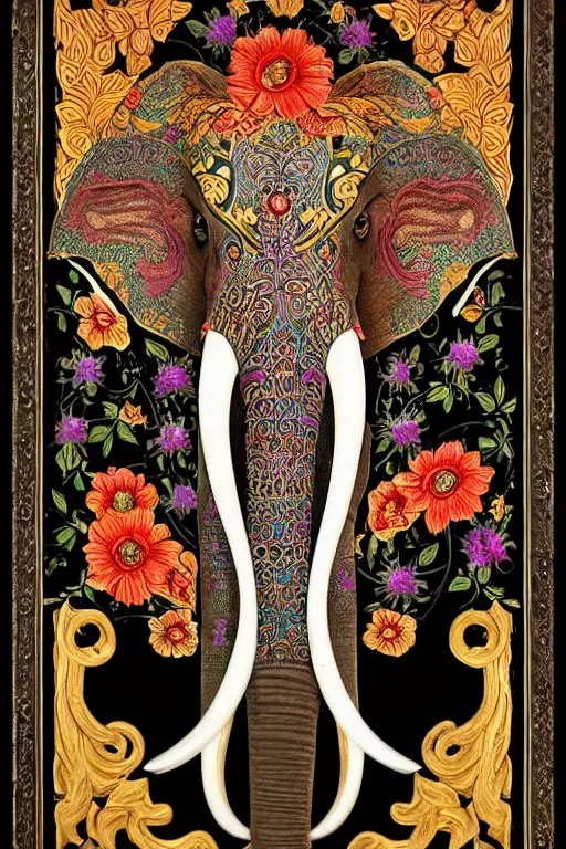 Image similar to Painted dark-wood panel relief carving of a Flowerpunk Matriarch Elephant, ornate border frame, explosion of colorful flowers, dark wood, intricately carved, black ink, festival of rich colors, intricate details, cinematic lighting, volumetric lighting, post-processing, by andreas rocha and john howe, and Martin Johnson Heade, featured on artstation, featured on behance, golden ratio, hyper detailed, photorealistic, epic composition, center spotlight, f32, well composed, UE5, 8k