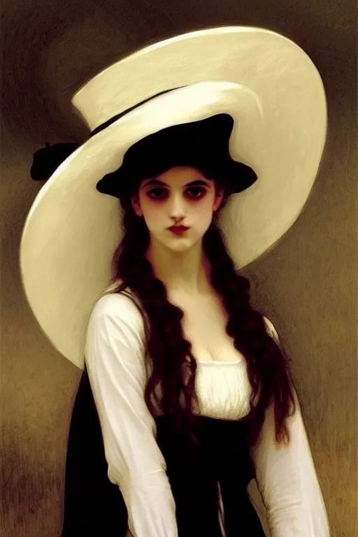 Image similar to victorian vampire in a biggest hat, white dress, painting by rossetti bouguereau, detailed art, artstation