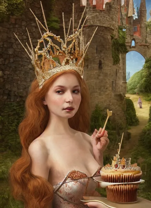Image similar to closeup medieval bosch face portrait of a fairytale princess wearing a crown eating cakes in the castle, bikini, depth of field, zeiss lens, detailed and intricate environment, fashion photoshoot by nicoletta ceccoli, mark ryden, lostfish, breathtaking, 8 k resolution, extremely detailed, beautiful, establishing shot, artistic, hyperrealistic, octane render