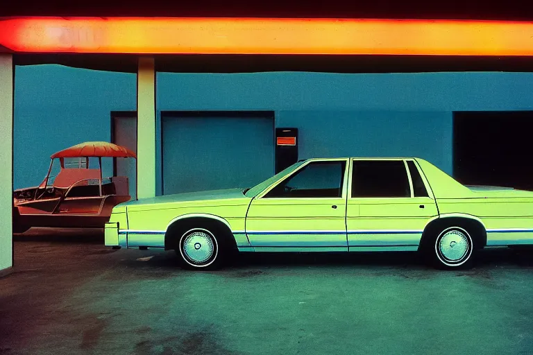 Prompt: 1985 Caprice inside of a car wash, ektachrome photograph, volumetric lighting, f8 aperture, cinematic Eastman 5384 film