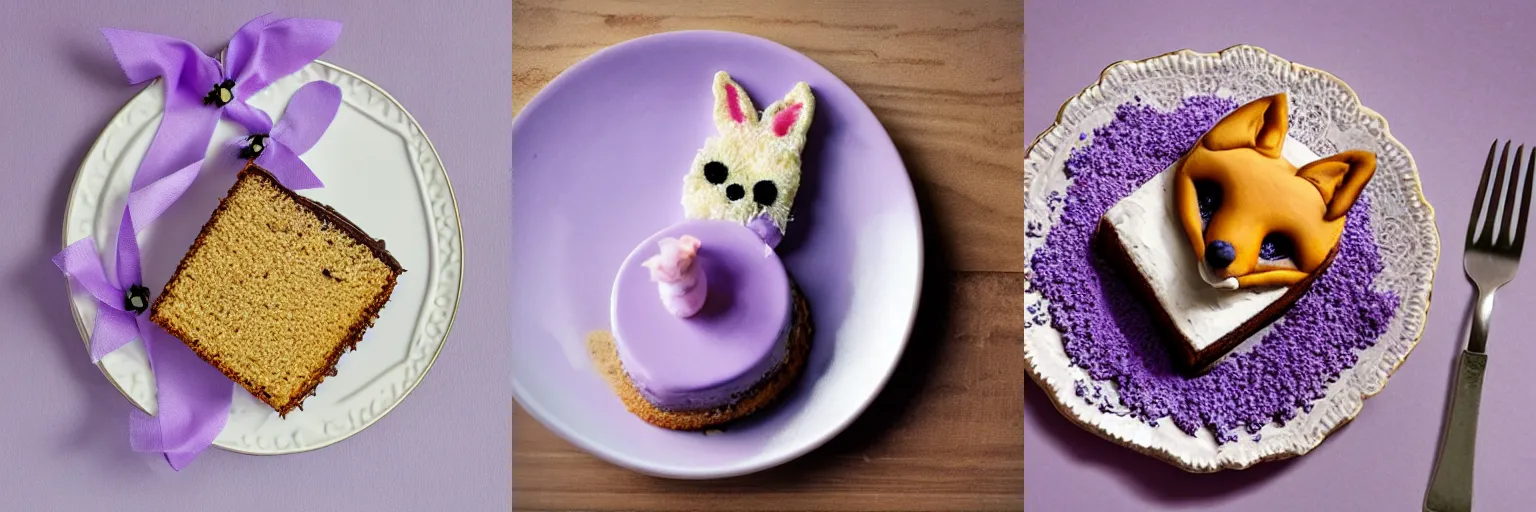 Prompt: A piece of cake with protruding fox ears and lavender lace on a plate on a chair, side view from above, photo