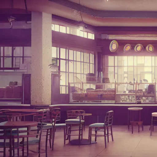 Image similar to Donuts at a cafe in the 1800s, muted cyberpunk style, tranquil, desolate, atmospheric, hazy, sweltering, autochrome, 8k, reflections, octane render, unreal engine 5