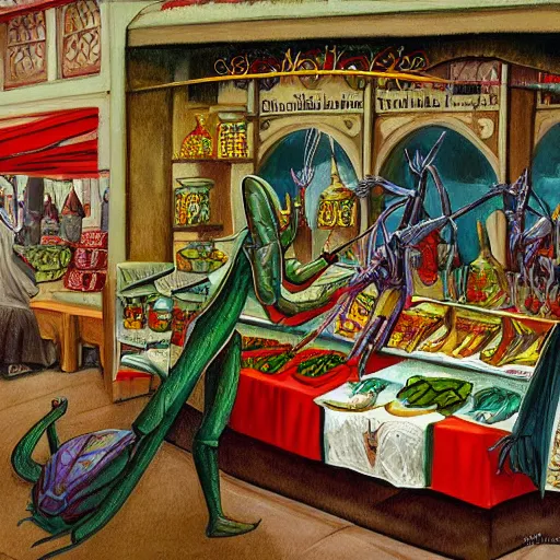 Prompt: Painting of human-sized Mantis religiosa shopping on a medival city market; fantasy; D&D; magic