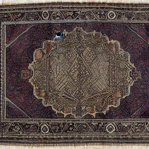 Prompt: A brain persian rug, alchemy origins, ashen vertigo oil on ink lines