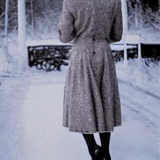 Image similar to a vintage 1 9 4 0 s kodachrome photograph of a avent - gard fashion haute couture collection winter traveling outfit ensemble inspired by the greek muse, erato.