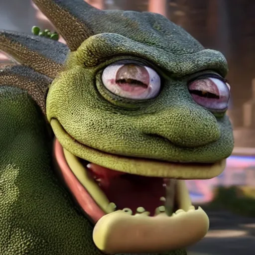 Image similar to mr. bean godzilla yoda donkey kong pikachu yeti shrek spongebob homer groot in gears of war, splash art, movie still, detailed face, photorealistic facial features, cinematic lighting, dramatic, octane render, long lens, shallow depth of field, bokeh, anamorphic lens flare, 8 k, hyper detailed, 3 5 mm film grain