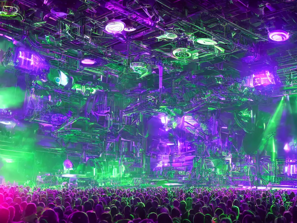Prompt: a concert stage, big glowing letters over the stage tripmachine, center of the stage is a big futuristic steampunk generator surrounded by speaker towers, rock musicians on the stage, laser show, 8 k, fluorescent colors, halluzinogenic, multicolored, exaggerated detailed, unreal engine