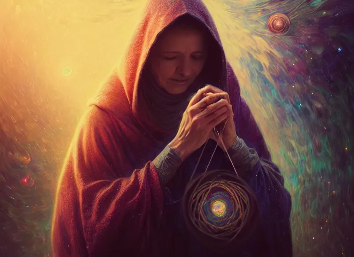 Image similar to old hooded woman weaving the strings of the multiverse, epic scene, dramatic, multiverse, highly detailed, high quality, 8 k, 4 k, octane render, digital painting, alena aenami, lilia alvarado, shinji aramaki, karol bak, alphonse mucha, tom bagshaw