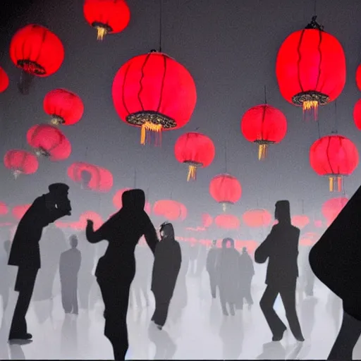 Image similar to a tiny dark black night club with a few red chinese lanterns, people's silhouettes close up, people dancing, surrealism