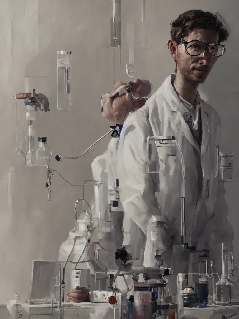 Image similar to a portrait of a scientist in a white coat in a painting from stalenhag, 4 k, 8 k, hdr, artstation, concept art