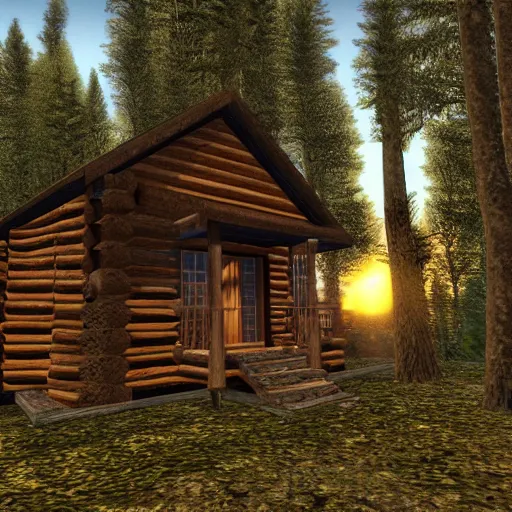 Image similar to a log cabin in the middle of the forest with a dirt path leading up to it, at sunset, Second Life game screenshot