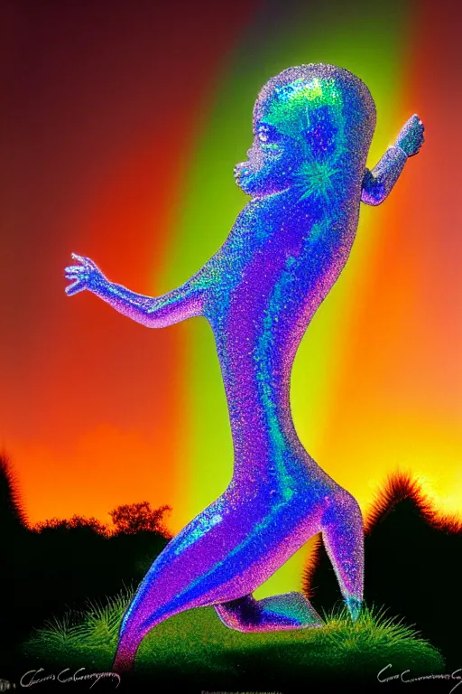 Image similar to a hyperrealistic detailed image of a fiberoptic light rainbow colored iridescent transparent creature in the bushes of a suburban neighborhood on a sunset evening, depth perspective, depth of field, cinematic angle, by chris cunningham and richard corben, highly detailed, vivid color,