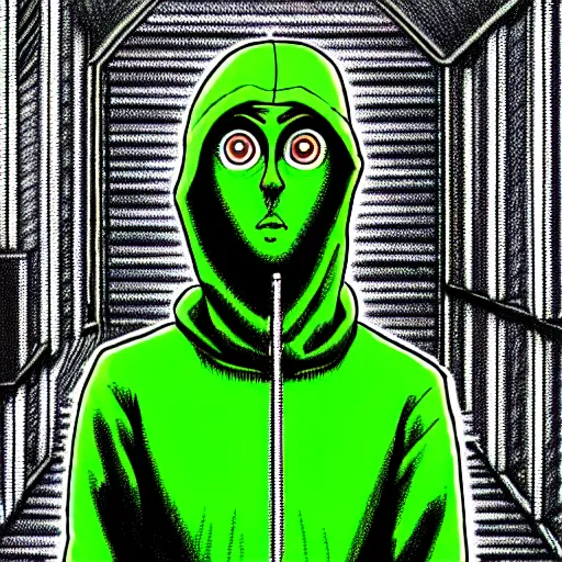 Image similar to portrait of programmer with green hood by junji ito