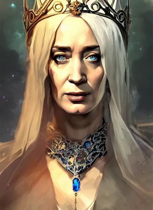Prompt: portrait of emily blunt as witch queen, jewelry, greek, sapphire, victorian age, 1 8 9 0, intricate, headshot, key visual, conceptart, ambient lighting, highly detailed, digital painting, artstation, concept art, sharp focus, by makoto shinkai and akihiko yoshida and greg manchess