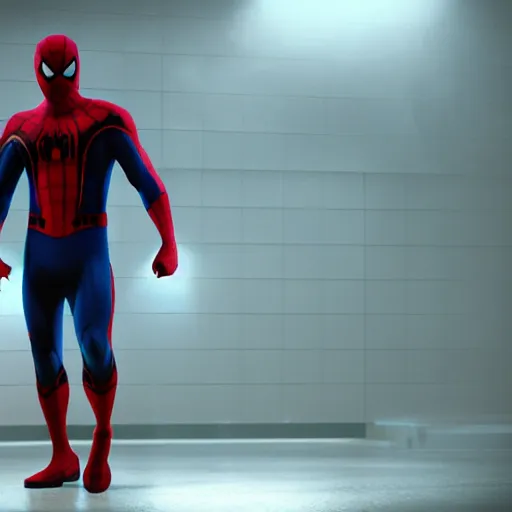 Image similar to ryan reynolds as a black and blue suit spider - man, cinematic, volumetric lighting, f 8 aperture, cinematic eastman 5 3 8 4 film, photorealistic