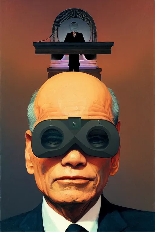 Image similar to sathoshi nakamoto wearing oculus and bitcoin over his head edward hopper and james gilleard, zdzislaw beksisnski, higly detailed