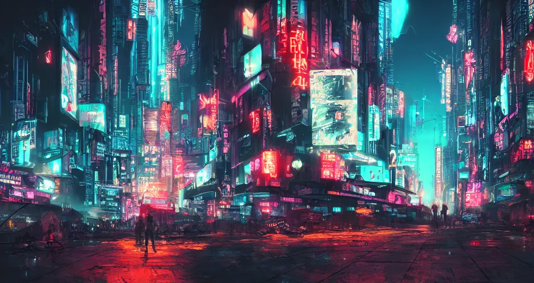 cyberpunk city, neon signs, samurai, dark, | Stable Diffusion