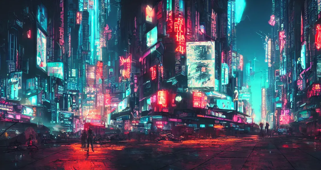 Prompt: cyberpunk city, neon signs, samurai, dark, apocalyptic, intricate, detailed, volumetric lighting, scenery, digital painting, highly detailed, artstation, sharp focus, illustration, concept art