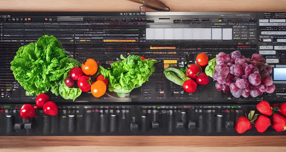 Image similar to film still of fresh fruits and vegetables making beats in the studio on an mpc