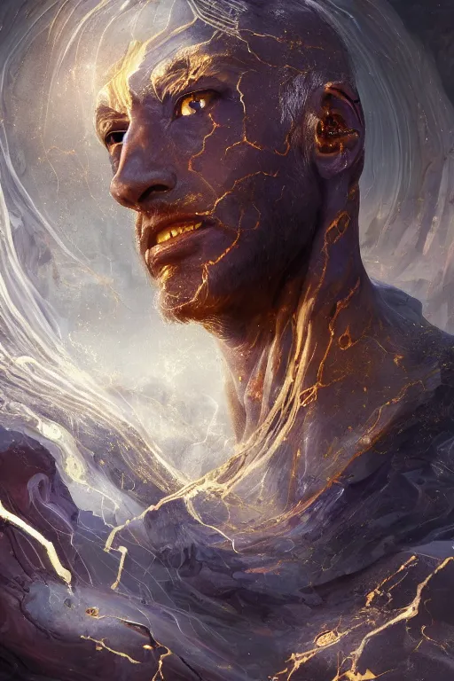 Prompt: fantasy character concept portrait, digital painting, wallpaper of a cracked marble seer, with skin of obsidian, with veins of magma and gold, renaissance nimbus overhead, by aleksi briclot, by laura zalenga, by alexander holllow fedosav, 8 k dop dof hdr, vibrant