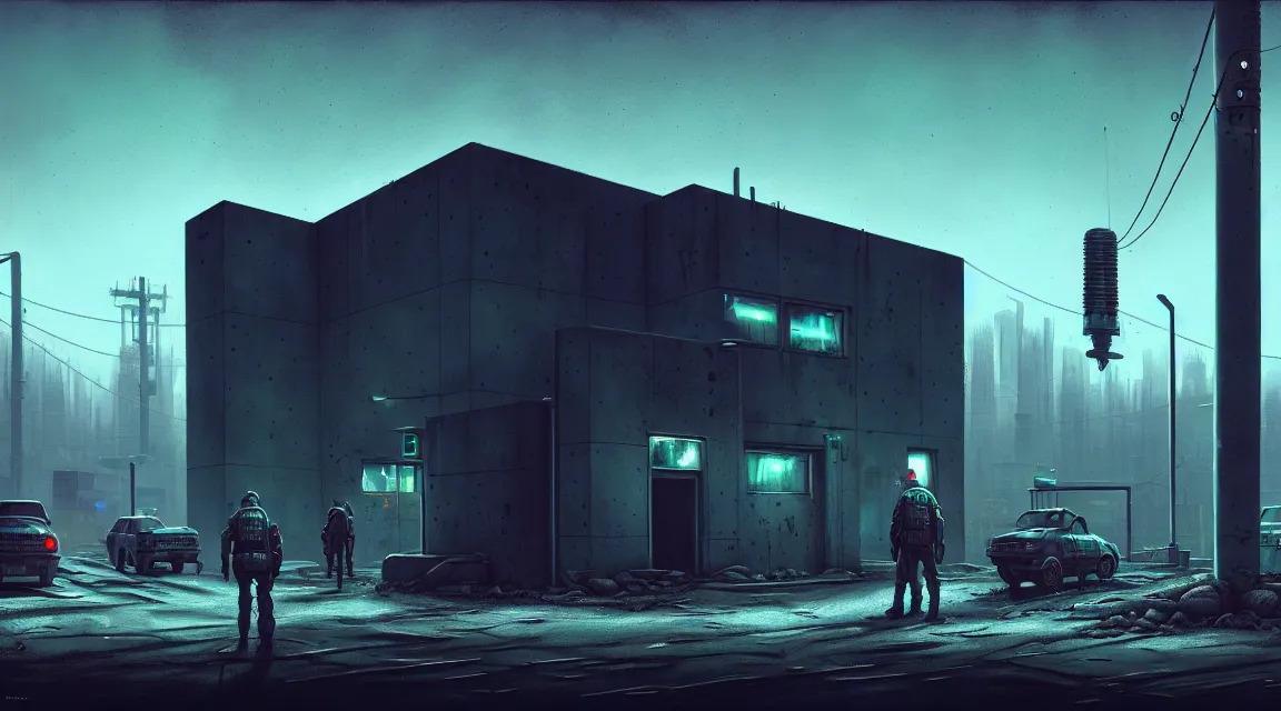 Image similar to post - apocalyptic police station, concrete building, paved roads, by simon stalenhag, by h. r giger, highly detailed photography, trending on artstation, hyperrealistic, human silhouettes, cyberpunk, environment artist, dystopian, science fiction, synthwave neon retro