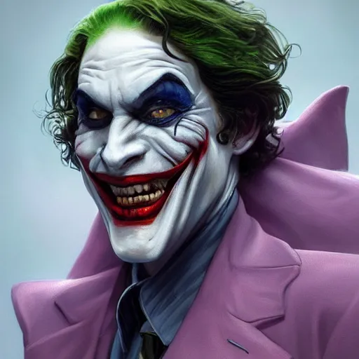 Image similar to [Rossi de Palma as the Joker, closeup, D&D, intricate, elegant, highly detailed, digital painting, artstation, concept art, matte, sharp focus, illustration, art by Artgerm and Greg Rutkowski and Alphonse Mucha]