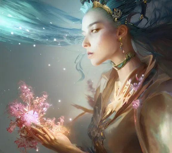 Prompt: beautiful girl necromancer covered with crystals exploding space, 3 d render, hyper realistic detailed portrait, holding magic flowers, ruan jia, wlop. scifi, fantasy, hyper detailed, octane render, concept art, peter mohrbacher