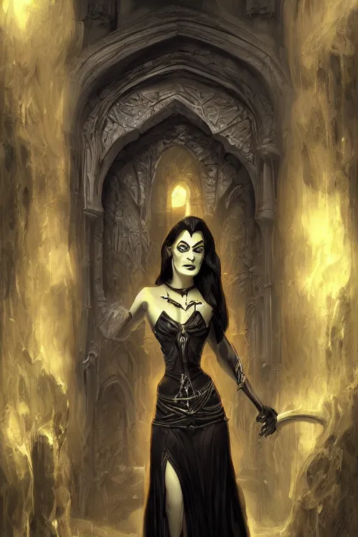 Prompt: digital painting, 8k, fantasy concept art, warm lighting, high detail beautiful Lily Munster in a gothic castle