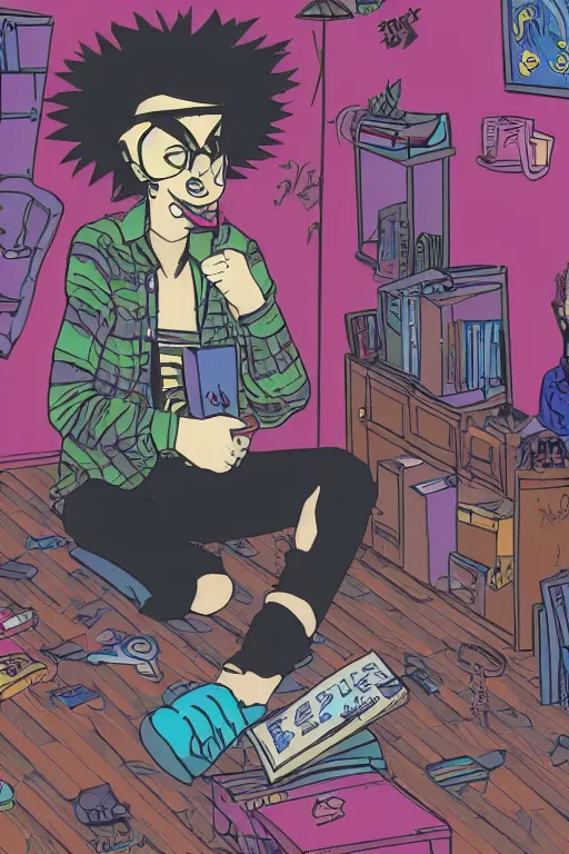 Image similar to goth guy sitting on the floor of a cluttered 9 0 s bedroom reading a book, vaporwave colors, lo - fi, concept art, smooth, detailed, toon shading, cel shading, animation, 4 k, hd,