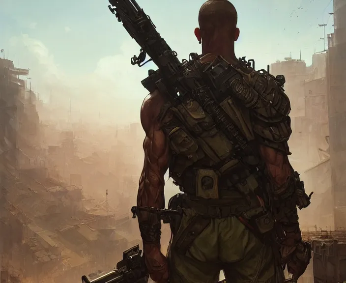 Image similar to First person view of a soldier in an Arma 3 loading screen, muscular, ripped, intricate, dystopian, fantasy, extremely detailed, digital painting, artstation, concept art, smooth, sharp focus, illustration, stark lighting, incredible art by artgerm and greg rutkowski and alphonse mucha and simon stalenhag