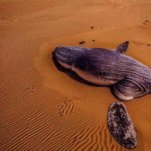 Prompt: 🐋 🦑🤖🦖🐙 👽 🐳 in desert, photography