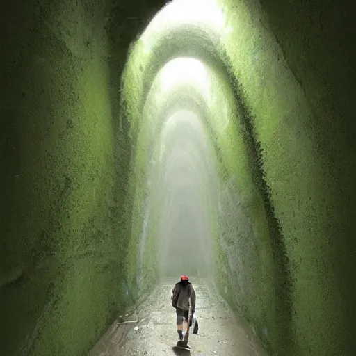 Prompt: A man in shorts and baseball cap walks down a very long, high walled tunnel, green floor, long shaddow, his back is turned, highly detailed, digital painting, artstation, concept art, smooth, sharp focus, illustration, art by greg rutkowski