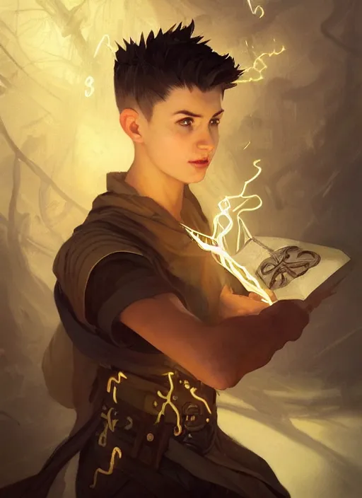 Image similar to character concept portrait of a handsome young wizard with olive skin and buzzed short spiky hairstyle casting a glowing spell with glowing runes, a floating iridescent spell book, intricate, elegant, digital painting, concept art, smooth, sharp focus, illustration, from Metal Gear, by Ruan Jia and Mandy Jurgens and Artgerm and William-Adolphe Bouguereau