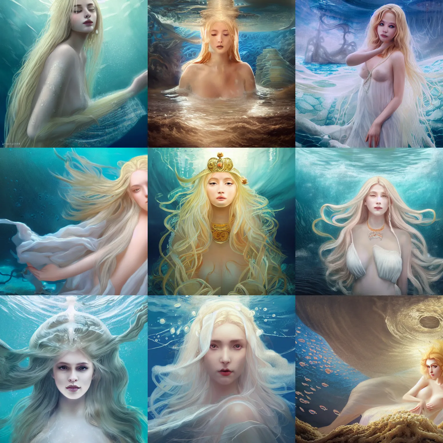 Prompt: breathtakingly detailed concept art painting portrait of goddess sinking under the sea, blond hair in white sheer dress, orthodox saint, full body, gorgeous background, by hsiao - ron cheng, very moody lighting, 8 k