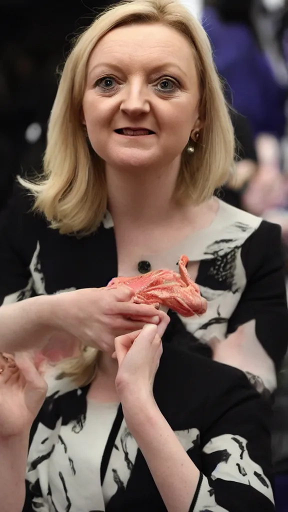 Image similar to liz truss shedding her skin to reveal she's actually a reptile