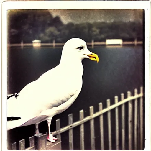 Image similar to photo polaroid of a seagull sitting on top of fence, Norman Rockwell