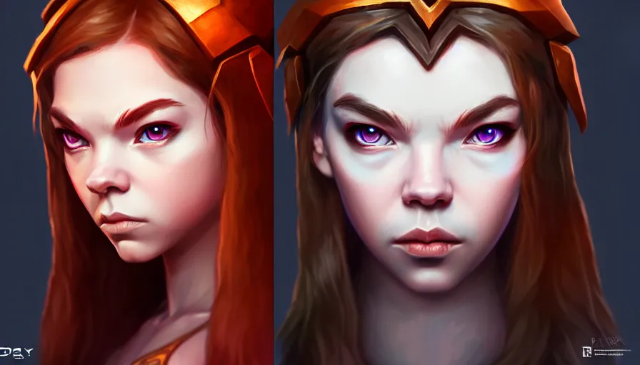 Prompt: portrait of anya taylor - joy as dota 2 game character, symmetrical, dota 2 concept art, character design by moby francke and drew wolf, artstation trending, sense of awe