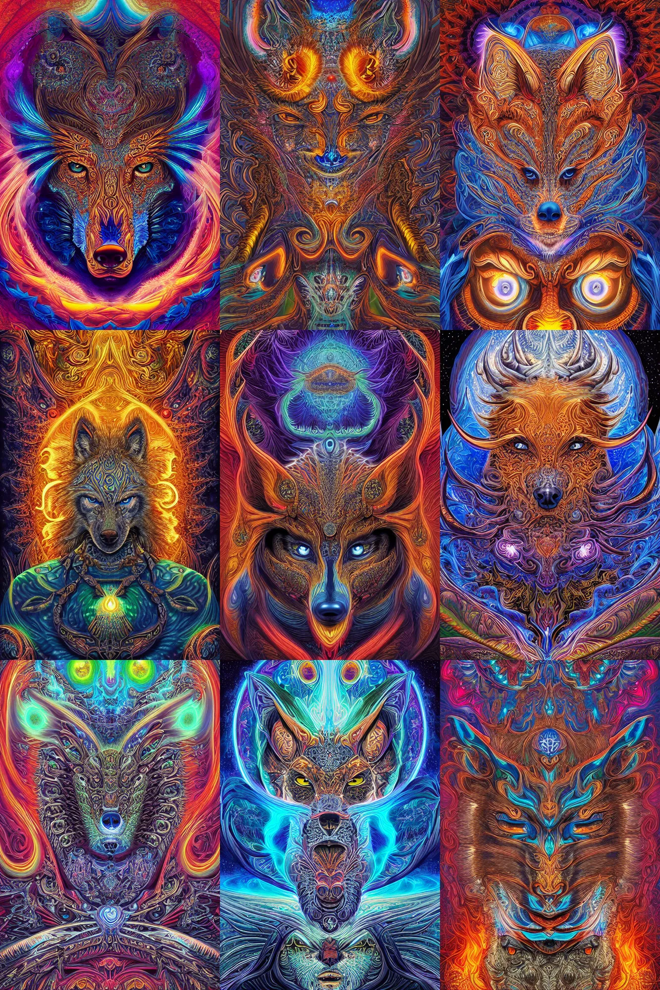 Prompt: a beautiful digital art of a intricate ornate cosmic fractal wolf fire shaman with a third eye by dan mumford and alex grey hd vibrant 3 d ue 5