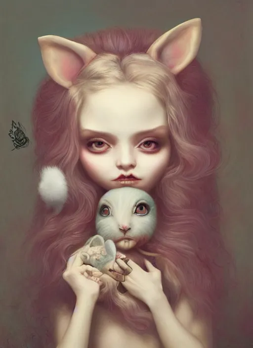 Image similar to pop surrealism, lowbrow art, realistic cute alice girl painting, holding a bunny, hyper realism, muted colours, rococo, natalie shau, loreta lux, tom bagshaw, mark ryden, trevor brown style,