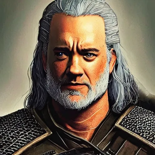 Image similar to a portrait of tom hanks as geralt the witcher from the witcher 3