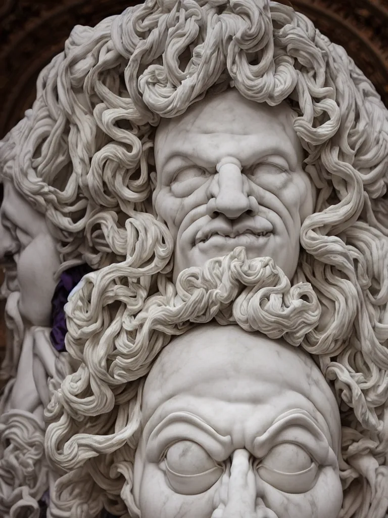 Image similar to Epic view of intricate stained white marble statue with triple head clown faces looking to both sides using a purple velvet veil over his shoulder sculpted by Antonio Corradini and Bernini