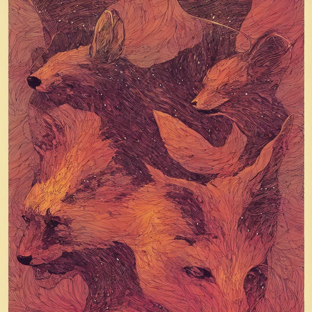 Prompt: one fox face by moebius and victo ngai