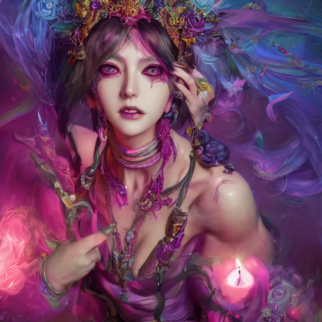 Prompt: the portrait of chaotic evil fallen sensual colorful female necromancer overlord as absurdly beautiful, gorgeous, elegant, young idol, an ultrafine hyperdetailed illustration by kim jung gi, irakli nadar, detailed faces, bright colors, octopath traveler, final fantasy, unreal engine 5 highly rendered, global illumination, radiant light, detailed and intricate environment