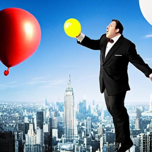 Prompt: clean-shaven Jon Favreau as Happy Hogan wearing a black suit and black necktie holding onto a bunch of helium balloons as he floats high above a city with a frightened expression on his face