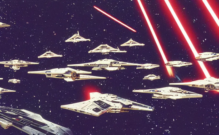 Image similar to iconic cinematic screen shot of fleet of x wing star fighters from the 1 9 8 0 s star wars sci fi film by stanley kubrick, optical glowing lasers, volumetric light, full of detail, 4 k uhd, kodak film stock, anamorphic lenses 2 4 mm, lens flare, iconic cinematography, award winning