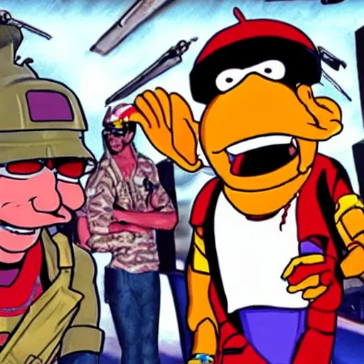 Image similar to a still of from the movie full metal jacket crossover with the game toejam & earl