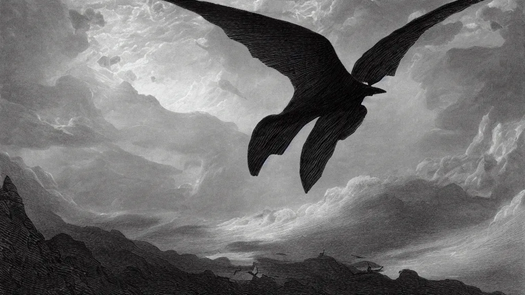 Image similar to drawing of an ornithopter flying toward a desert storm, by gustave dore, nineteenth century, black and white, vintage, science fiction, epic composition, dramatic lighting, highly detailed, cinematic