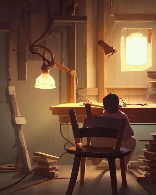 Image similar to woodworker building a new chair on his shop, detailed, cory loftis, james gilleard, atey ghailan, makoto shinkai, goro fujita, studio ghibli, rim light, exquisite lighting, clear focus, very coherent, plain background, soft painting