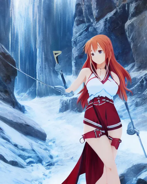 Prompt: pinup photo of asuna from sao in the ice mountains, asuna by a - 1 pictures, by greg rutkowski, gil elvgren, enoch bolles, glossy skin, pearlescent, anime, very coherent, maxim magazine, 3 d, vray, unreal 5, octave rendey, maya, cgsociety, dslr