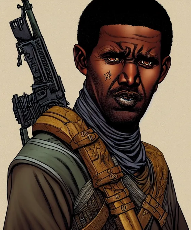 Image similar to a ( fantasy comic ) ( cover art ) portrait of a bedouin soldier who looks like ( denzel washington ), digital illustration by jenny frison and sana takeda and kentaro miura, fine inking lines, vivid colors, dnd, highly detailed!, hd, 4 k, trending on artstation